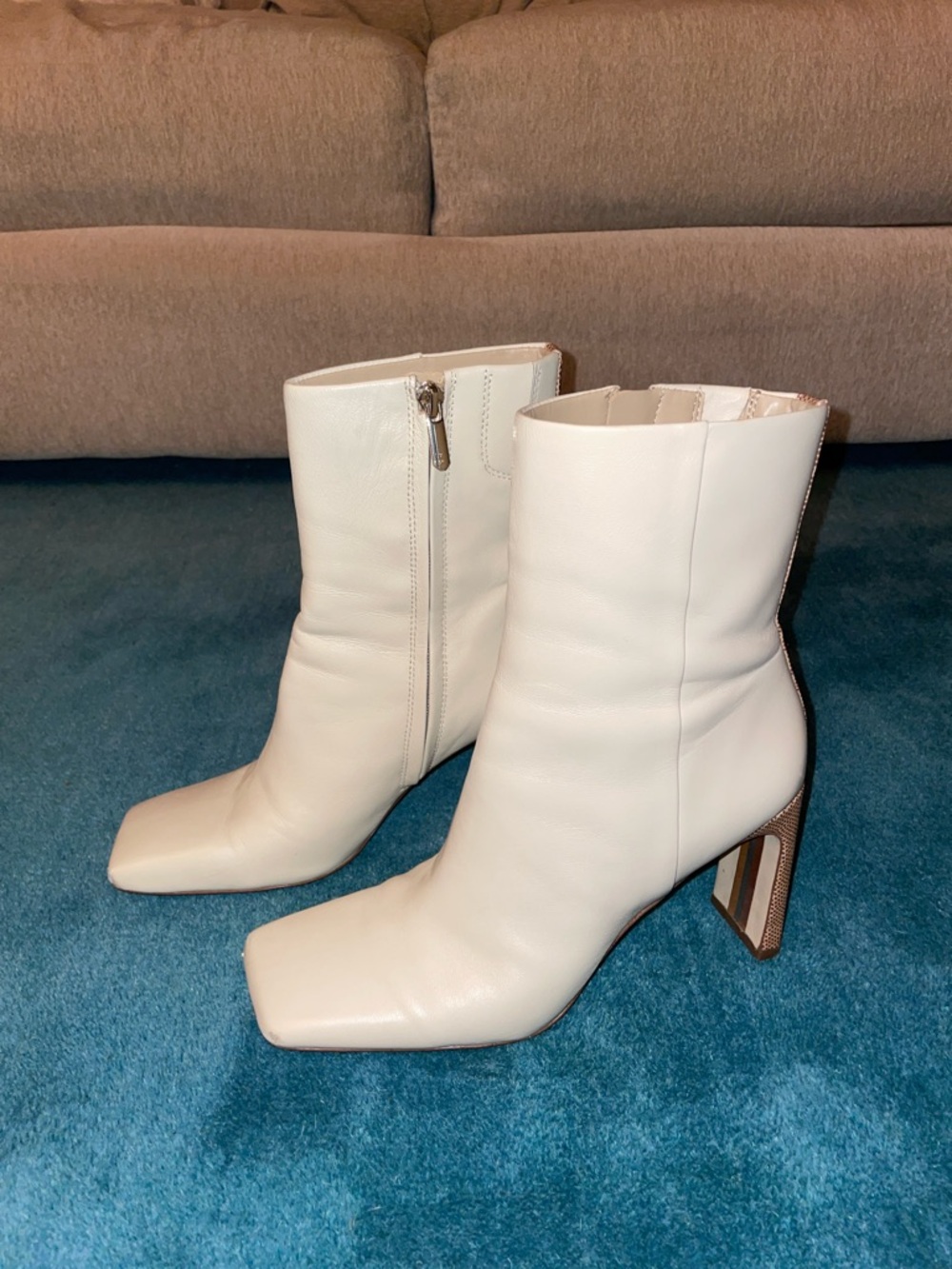 Sam Edelman Cream Leather Square-Toe Boots